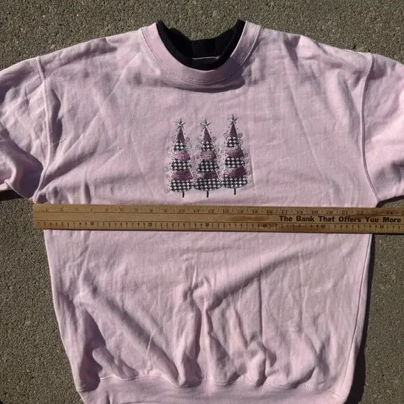 Vintage Coquette Whimsy Pale Pink Black plaid Christmas Tree Crewneck Sweatshirt - Picture 6 of 8